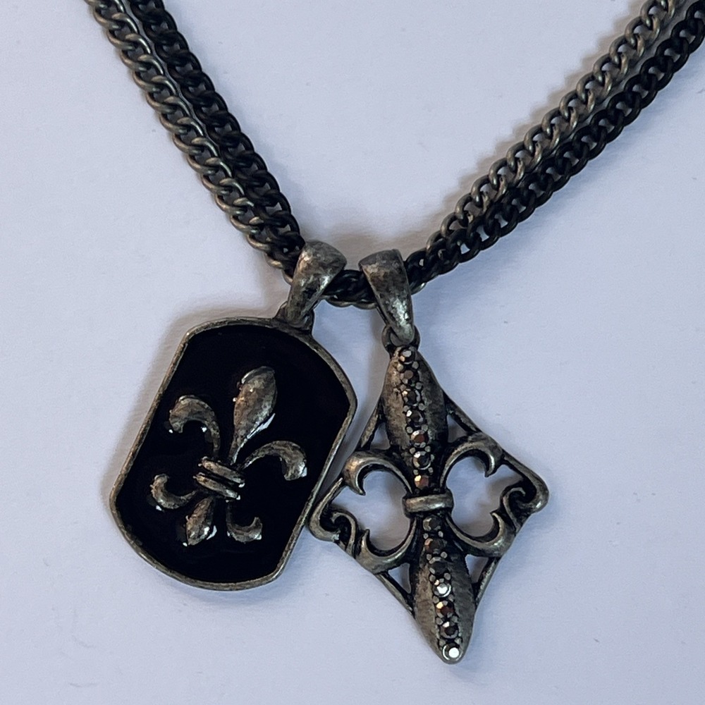 Mens Double Chain 2 Pendant Fleur De Lis Necklace Black Dog Tag Gothic 20"